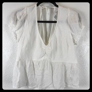Hollister White Textured Peplum Blouse Tie Neck Short Sleeve Women's‎ Size L
